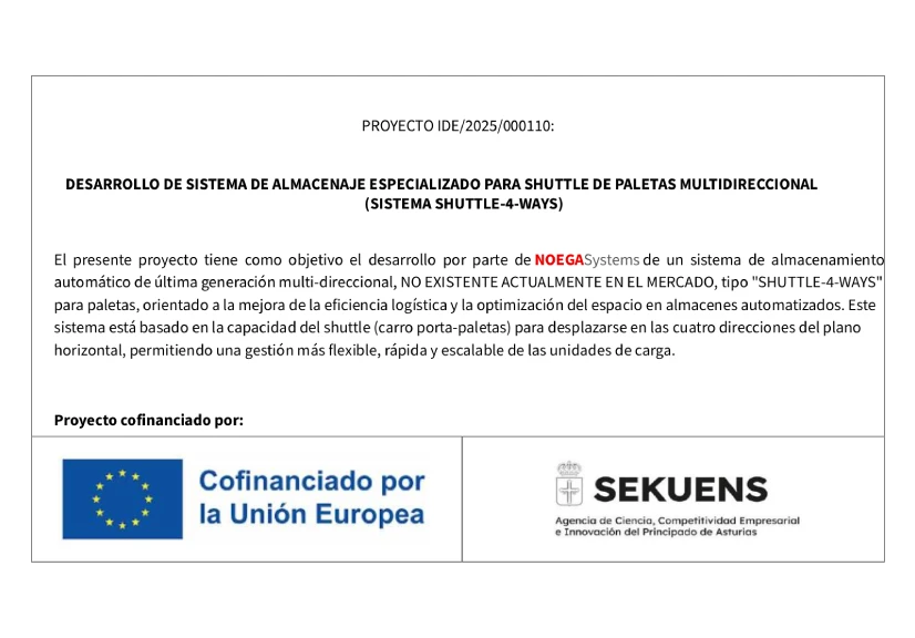 Proyecto IDE desarrollo sistema de almacenaje para Shuttle de paletas, cofinanciado por la Unión Europea en 2025